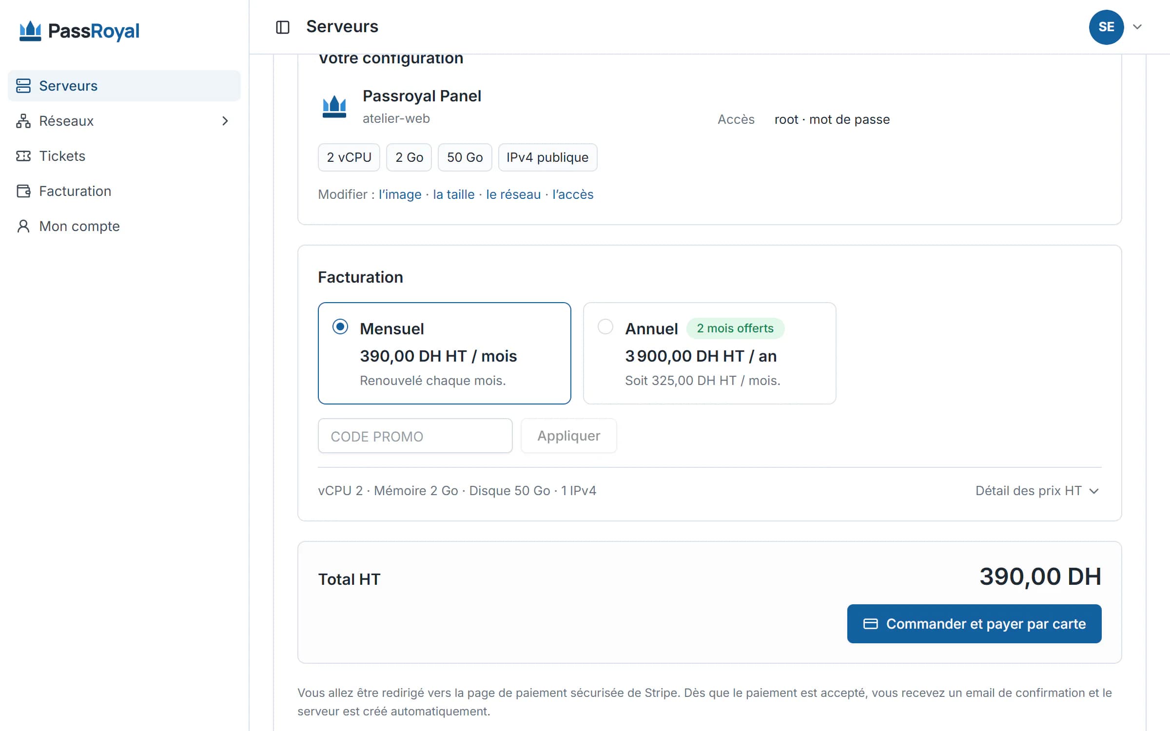 Le récapitulatif d’une commande PassRoyal : le serveur choisi, l’adresse IPv4 en option et le total en dirhams hors taxes, avant le paiement.